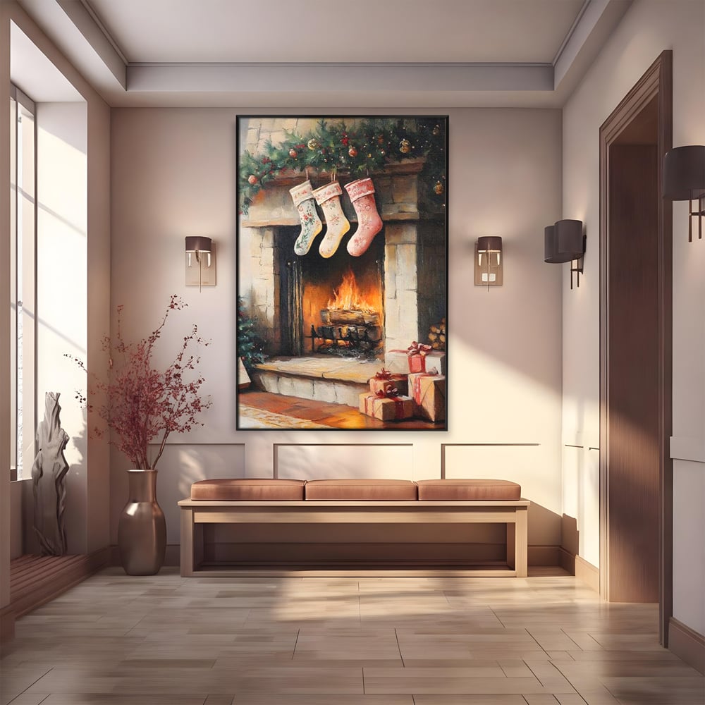 Tablou canvas cu tablou canvas cu semineu si ciorapi de craciun, in rama de aluminiu negru